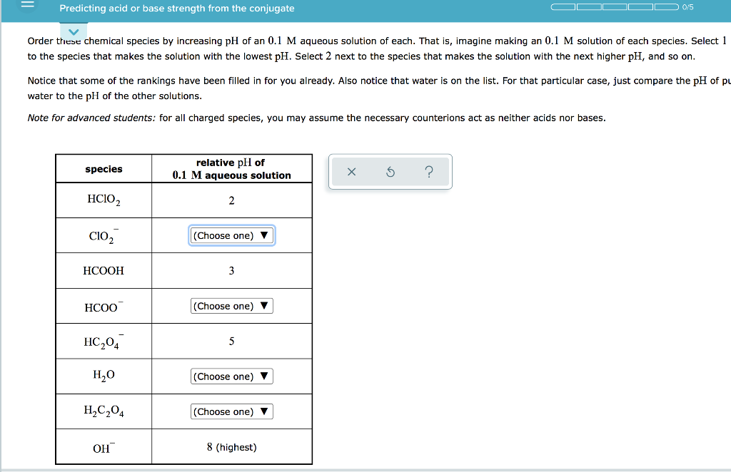 Predicting Acid Or Base Strength From The Conjugate Cd00c0 5 Order These Chemical Species By Increasing Ph Of An 0 1 M A 1