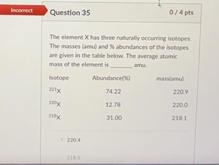 Incorrect Question 35 0 4 Pts The Element X Has Three Naturally Occurring Isotopes The Masses Amu And Abundances Of 1