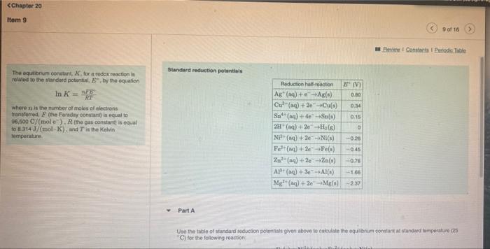 Chapter 20 Item 9 9 Of 16 Constants Periodic Table Standard Reduction Potentials The Equilibrum Constant For A Redox Re 1