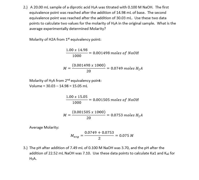 2 A 20 00 Ml Sample Of A Diprotic Acid H2a Was Titrated With 0 100 M Naoh The First Equivalence Point Was Reached Aft 1