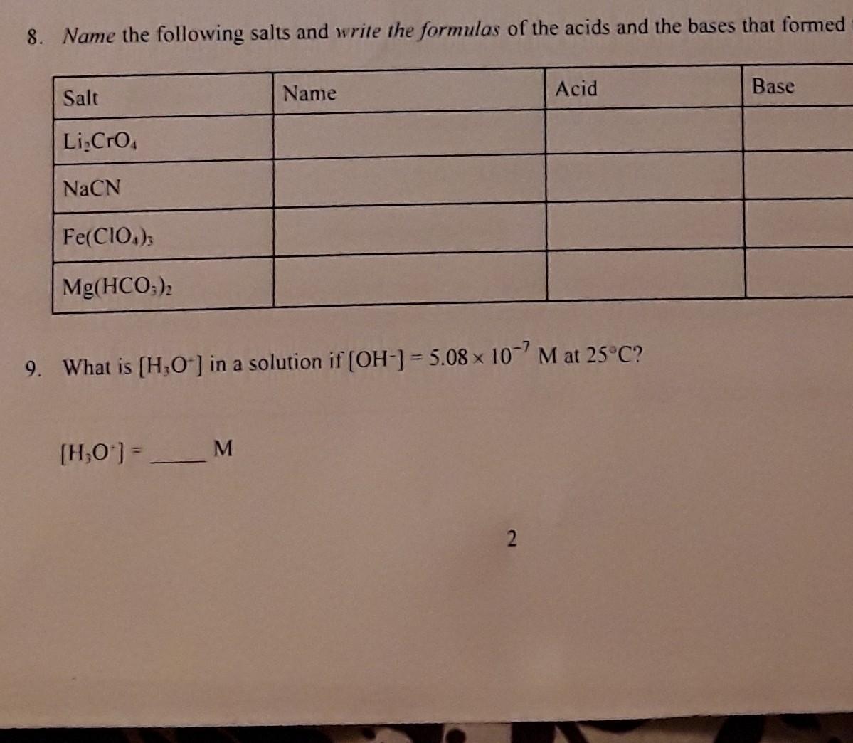 8 Name The Following Salts And Write The Formulas Of The Acids And The Bases That Formed Salt Name Acid Base Li Cro Nac 1
