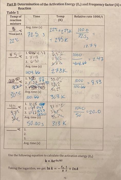 Part B Determination Of The Activation Energy E And Frequency Factor A Reaction Table 5 Temp Of Time Temp Relative 1