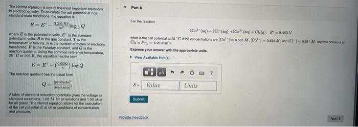 Part A For The Reaction 2 Rt 10 The Nerat Equation Is One Of The Most Important Equations In Electrochemistry To Calcu 1