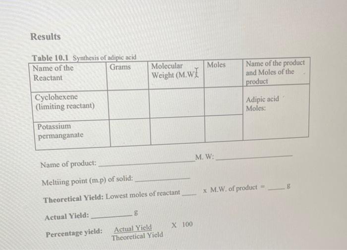 Results Table 10 1 Synthesis Of Adipic Acid Name Of The Grams Reactant Molecular Moles Weight M Wi Name Of The Product 1