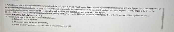 Results Table 10 1 Synthesis Of Adipic Acid Name Of The Grams Reactant Molecular Moles Weight M Wi Name Of The Product 2