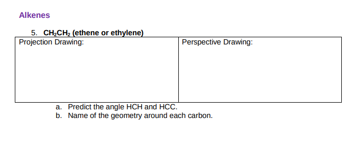 Alkenes 5 Ch2ch2 Ethene Or Ethylene Projection Drawing Perspective Drawing A Predict The Angle Hch And Hcc B Nam 1
