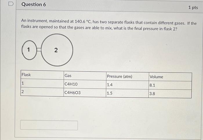 D Question 6 1 Pts An Instrument Maintained At 140 6 C Has Two Separate Flasks That Contain Different Gases If The F 1