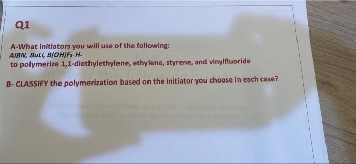 Q1 A What Initiators You Will Use Of The Following Aibn Buli B Oh F H To Polymerize 1 1 Diethylethylene Ethylene 1