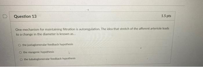 Question 13 1 5 Pts One Mechanism For Maintaining Filtration Is Autoregulation The Idea That Stretch Of The Afferent Ar 1