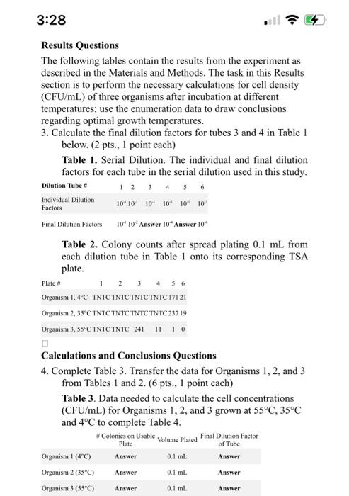 3 28 Results Questions The Following Tables Contain The Results From The Experiment As Described In The Materials And Me 1