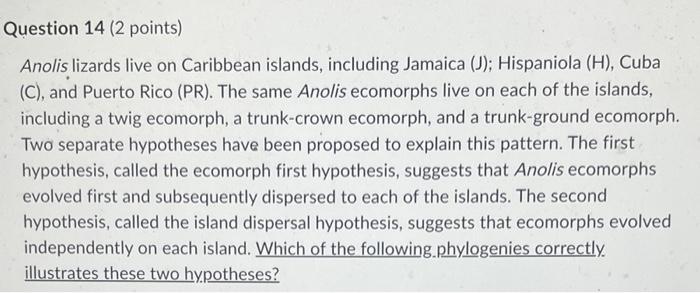 Question 14 2 Points Anolis Lizards Live On Caribbean Islands Including Jamaica J Hispaniola H Cuba C And Pu 1