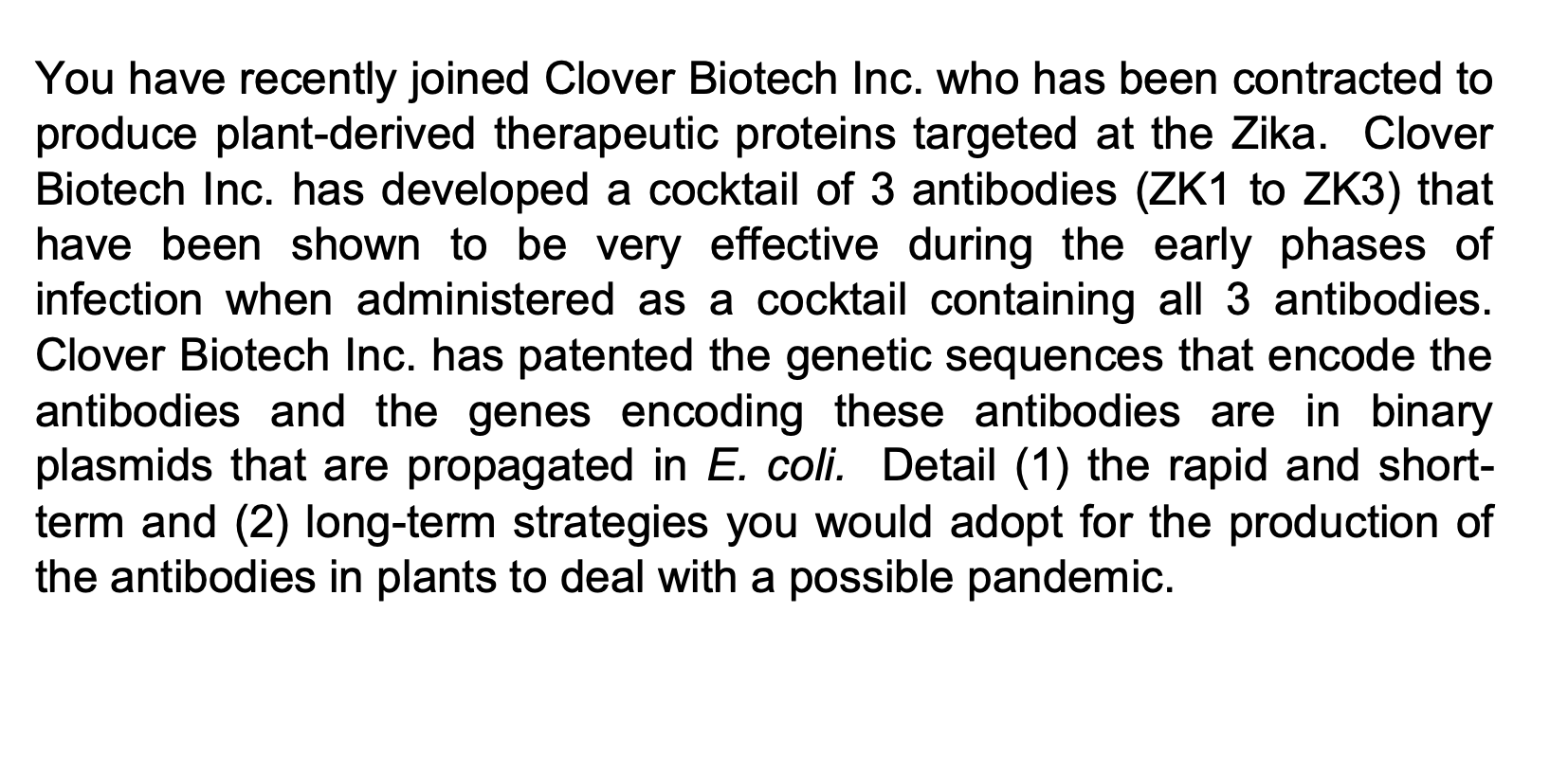 You Have Recently Joined Clover Biotech Inc Who Has Been Contracted To Produce Plant Derived Therapeutic Proteins Targe 1