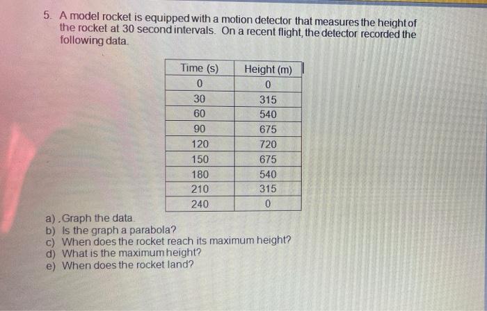 5 A Model Rocket Is Equipped With A Motion Detector That Measures The Height Of The Rocket At 30 Second Intervals On A 1