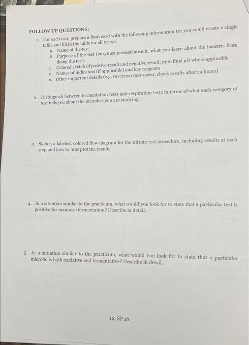 Follow Up Questions A 1 For Each Test Prepare A Flash Card With The Following Information Or You Could Create A Sing 1