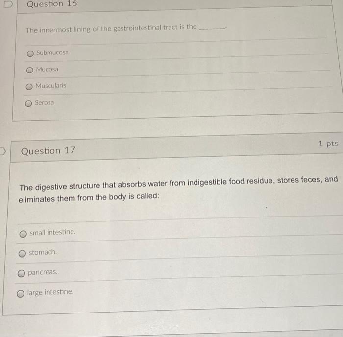 U Question 16 The Innermost Lining Of The Gastrointestinal Tract Is The Submucosa Mucosa Muscularis Serosa 1 Pts Questio 1