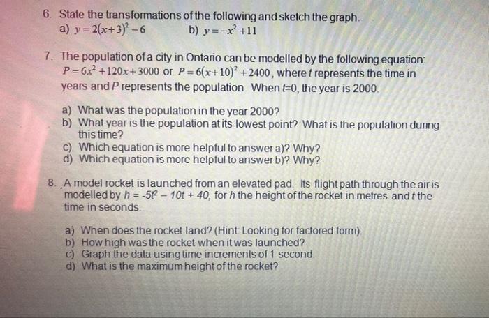 6 State The Transformations Of The Following And Sketch The Graph A Y 2 X 3 6 B Y X 11 7 The Population Of 1
