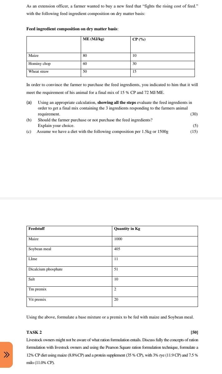 As An Extension Officer A Farmer Wanted To Buy A New Feed That Fights The Rising Cost Of Feed With The Following Fee 1