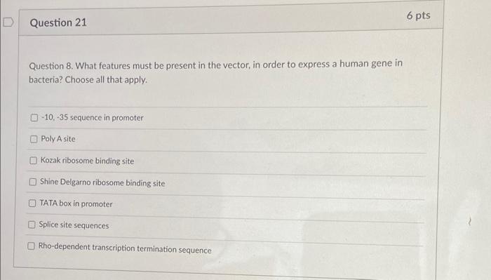 6 Pts D Question 21 Question 8 What Features Must Be Present In The Vector In Order To Express A Human Gene In Bacteri 1