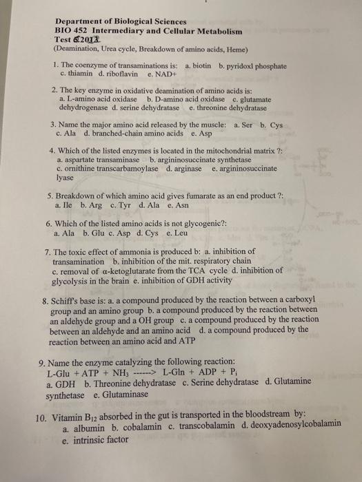 Department Of Biological Sciences Bio 452 Intermediary And Cellular Metabolism Test 2013 Deamination Urea Cycle Break 1