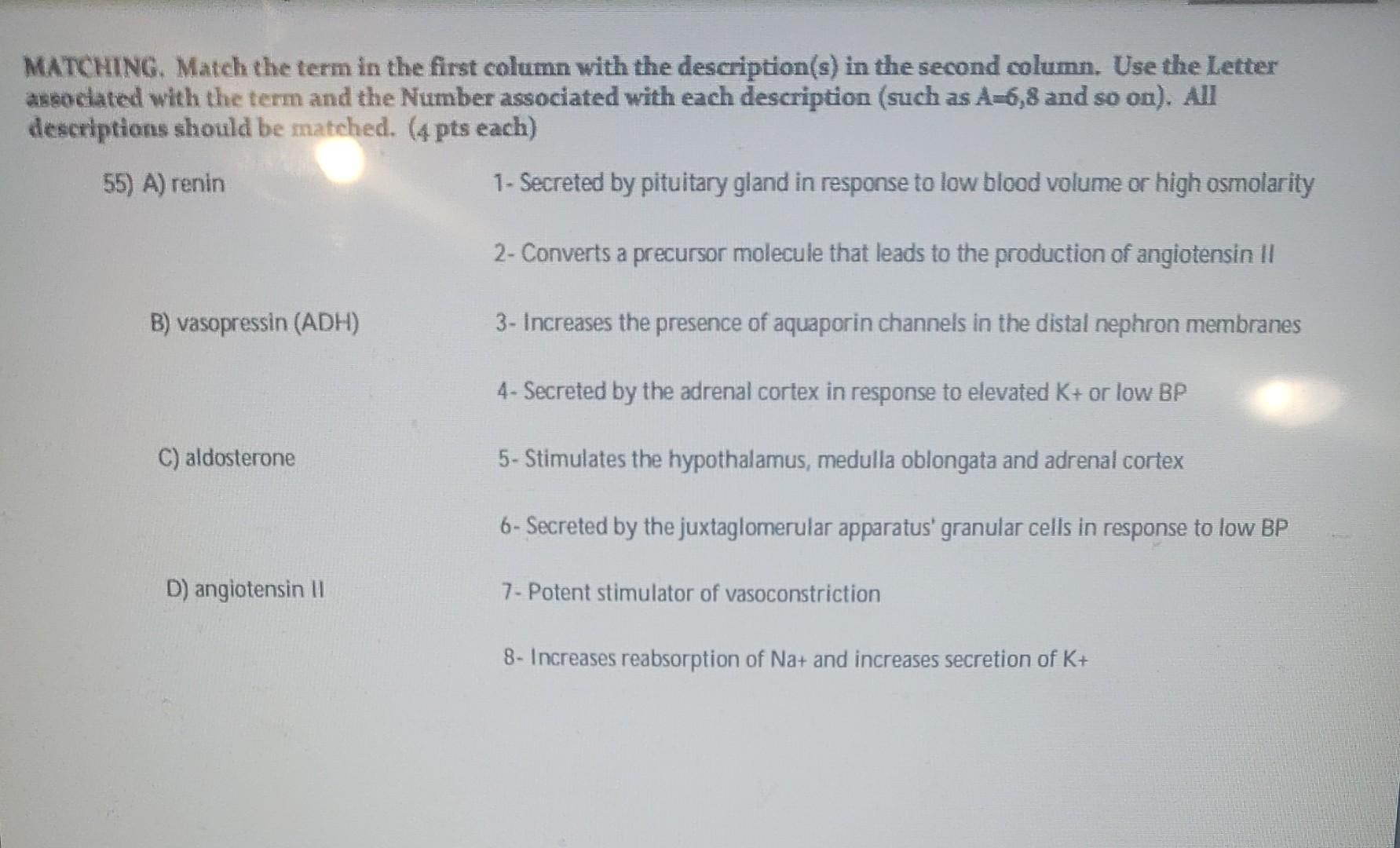 Matching Match The Term In The First Column With The Description S In The Second Column Use The Letter Associated Wit 1