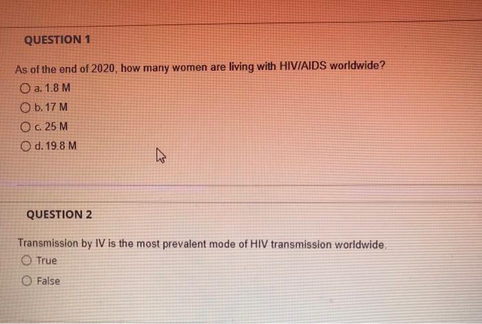 Question 1 As Of The End Of 2020 How Many Women Are Living With Hiv Aids Worldwide O A 1 8 M O B 17 M O C 25 M O D 1