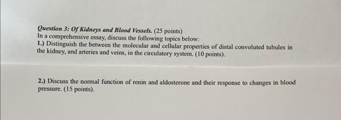 Question 3 Of Kidneys And Blood Vessels 25 Points In A Comprehensive Essay Discuss The Following Topics Below 1 1