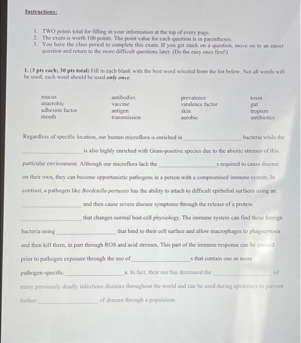 Instructions 1 Two Points Total For Filling In Your Information At The Top Of Every Page 2 The Exam Is Worth 100 Poi 1