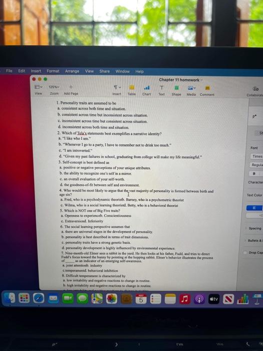 File Edit Insert Do View Collab P Se Font Times Regula B Format Arrange View Share Window Help Chapter 11 Homework 125 1