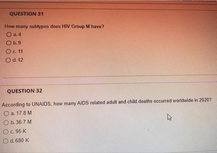 Question 31 How Many Subtypes Does Hiv Group M Have O A 4 O B 9 O C 11 O D 12 Question 32 According To Unaids How M 1