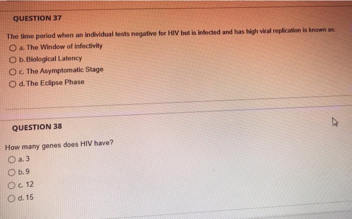 Question 37 The Time Period When An Individual Tests Negative For Hiv But Is Infected And Has High Viral Replication Is 1