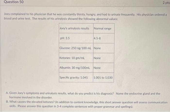 Question 50 2 Pts Joey Complained To His Physician That He Was Constantly Thirsty Hungry And Had To Urinate Frequently 1