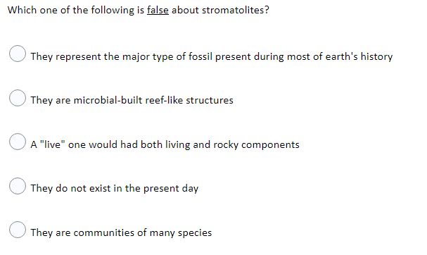 Which One Of The Following Is False About Stromatolites They Represent The Major Type Of Fossil Present During Most Of 1