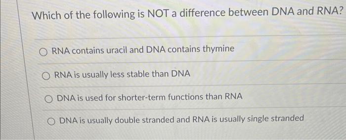 Which Of The Following Is Not A Difference Between Dna And Rna Orna Contains Uracil And Dna Contains Thymine O Rna Is U 1