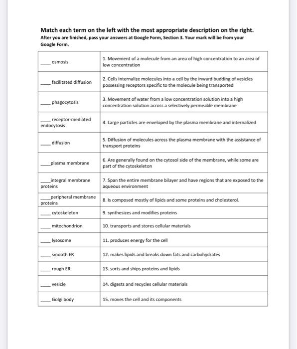 Match Each Term On The Left With The Most Appropriate Description On The Right After You Are Finished Pass Your Answer 1