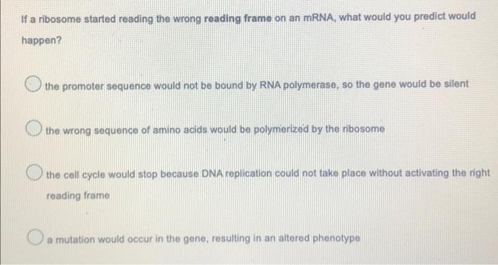 If A Ribosome Started Reading The Wrong Reading Frame On An Mrna What Would You Predict Would Happen The Promoter Sequ 1