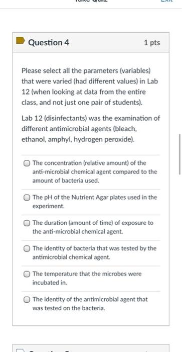 Lal Question 4 1 Pts Please Select All The Parameters Variables That Were Varied Had Different Values In Lab 12 Whe 1