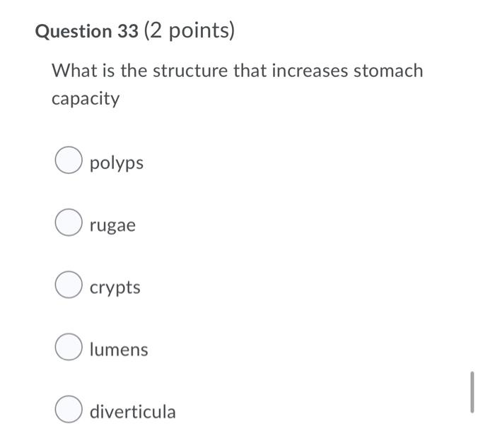 Question 33 2 Points What Is The Structure That Increases Stomach Capacity O Polyps Rugae O Crypts O Lumens O Divertic 1