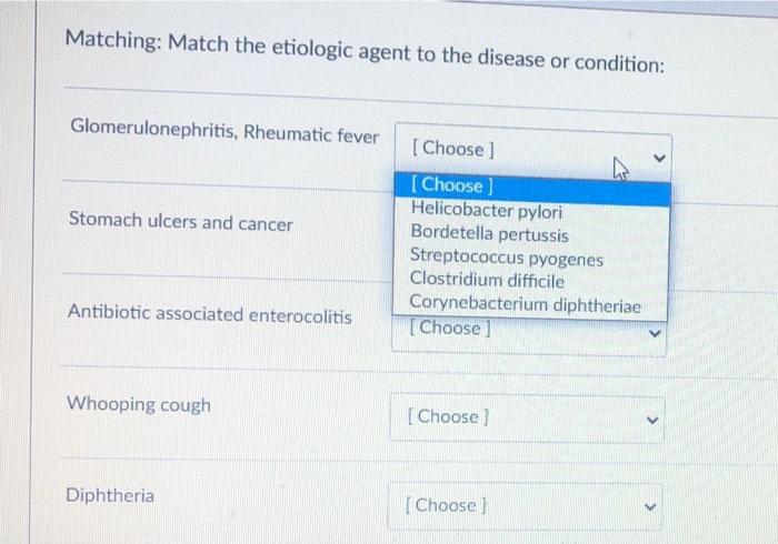 Matching Match The Etiologic Agent To The Disease Or Condition Glomerulonephritis Rheumatic Fever Stomach Ulcers And 1