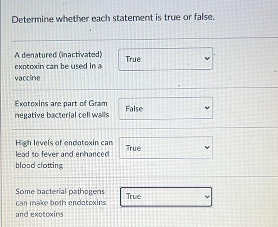 Determine Whether Each Statement Is True Or False True A Denatured Inactivated Exotoxin Can Be Used In A Vaccine Ex 1