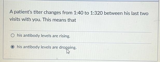 A Patient S Titer Changes From 1 40 To 1 320 Between His Last Two Visits With You This Means That His Antibody Levels A 2