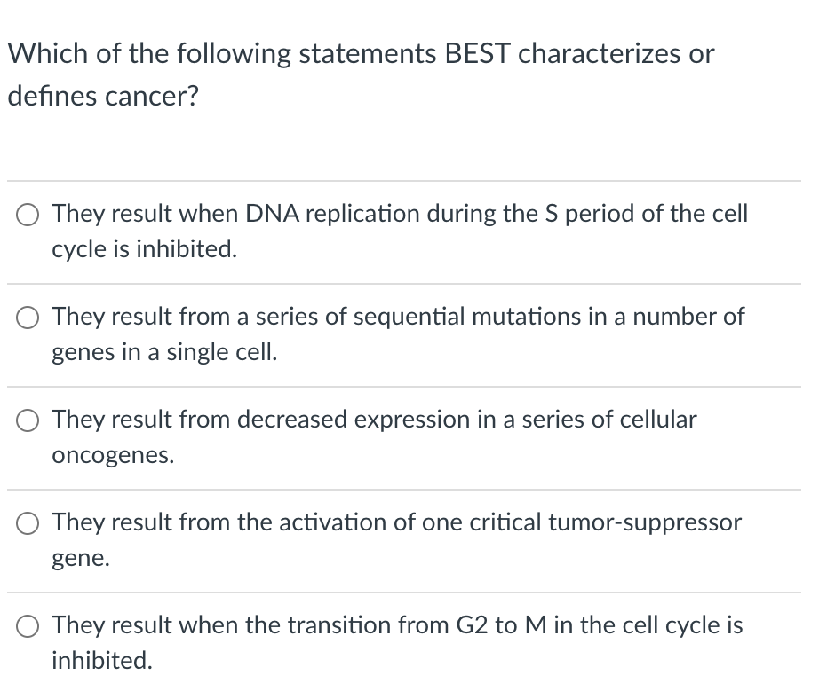 Which Of The Following Statements Best Characterizes Or Defines Cancer O They Result When Dna Replication During The S 1
