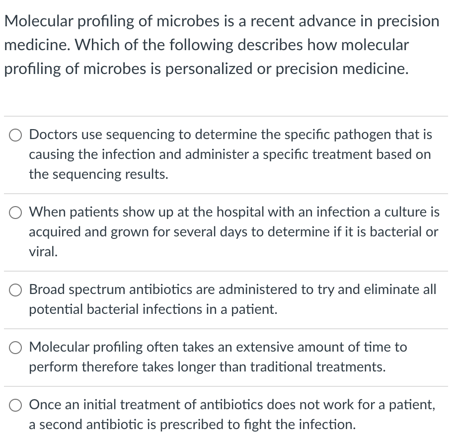 Molecular Profiling Of Microbes Is A Recent Advance In Precision Medicine Which Of The Following Describes How Molecula 1