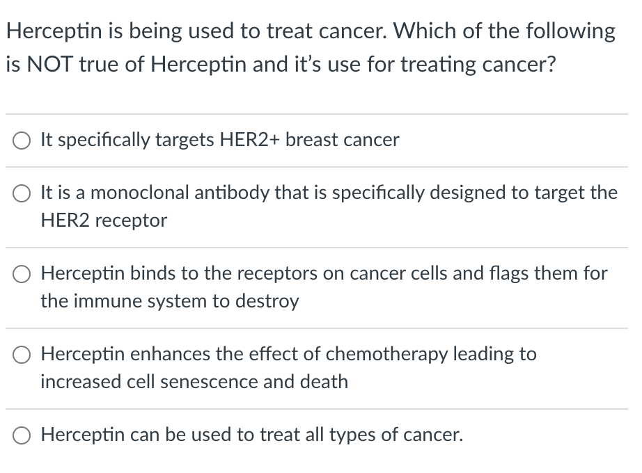 Herceptin Is Being Used To Treat Cancer Which Of The Following Is Not True Of Herceptin And It S Use For Treating Cance 1