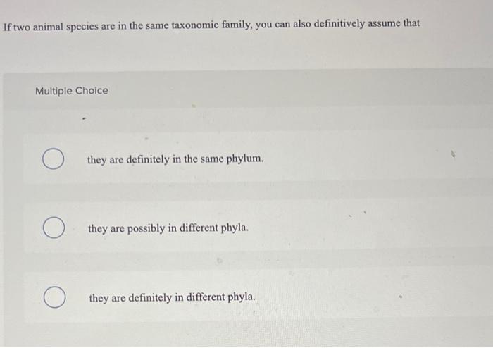If Two Animal Species Are In The Same Taxonomic Family You Can Also Definitively Assume That Multiple Choice O They Are 1