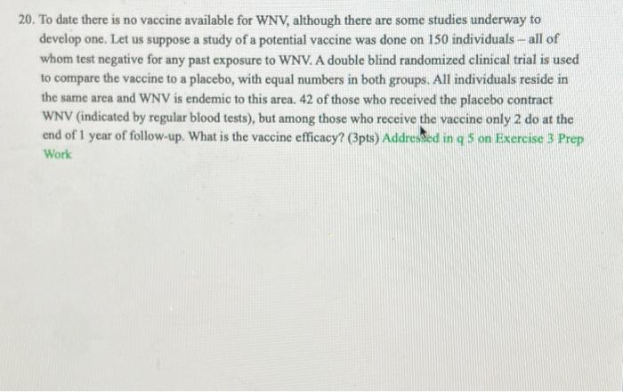 20 To Date There Is No Vaccine Available For Wnv Although There Are Some Studies Underway To Develop One Let Us Suppo 1