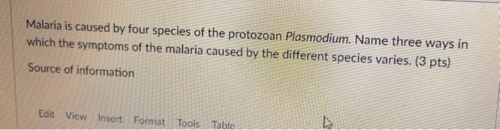 Malaria Is Caused By Four Species Of The Protozoan Plasmodium Name Three Ways In Which The Symptoms Of The Malaria Caus 1