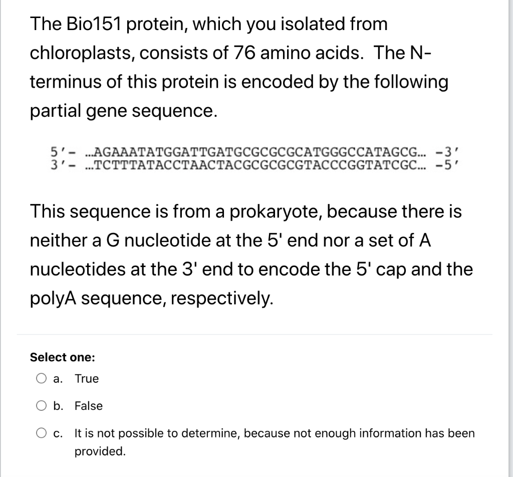 The Bio151 Protein Which You Isolated From Chloroplasts Consists Of 76 Amino Acids The N Terminus Of This Protein Is 1