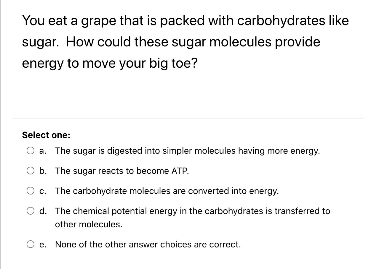 You Eat A Grape That Is Packed With Carbohydrates Like Sugar How Could These Sugar Molecules Provide Energy To Move You 1