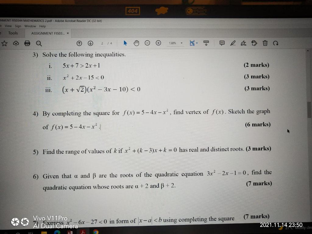 404 Nment Fisc344 Mathematics 2 Pdf Adobe Acrobat Reader Dc 32 Bit View Sign Window Help Tools Assignment Fiso3 X 2 1