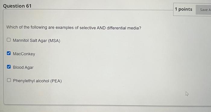 Question 61 1 Points Save A Which Of The Following Are Examples Of Selective And Differential Media Mannitol Salt Agar 1